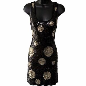 CHARMING CHARLIE Sequin Polka Dot Dress Size Large Black and Gold Mini